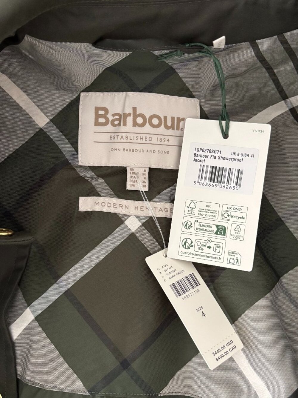 Barbour Fia Showerproof Jacket - Sage/Ancient Poplar NWT - Picture 12 of 13